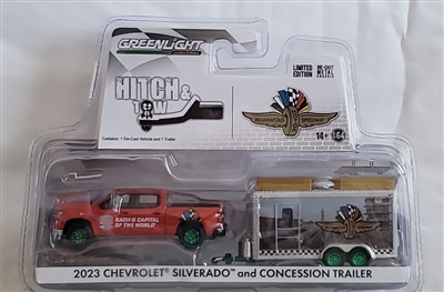 Greenlight Collectibles Hobby Exclusive Hitch & Tow - 2023 Chevrolet Silverado & Indy Speedway Trailer (Green Machine)