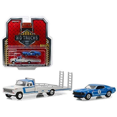 Greenlight -  H.D. Trucks Series 15 - 1969 Ford F-350 Ramp Truck Ford Racing White and Blue with 1969 Ford Mustang Boss 302