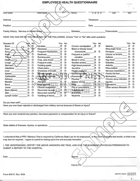 Employee Health Questionnaire / Examination