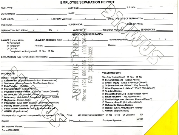 Employee Separation Report - 2 part NCR