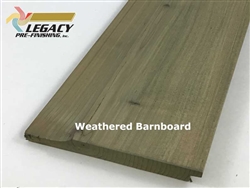 Cedar dutch lap siding with smooth face finished in a dark brown, gray, and green stain called weathered barnboard