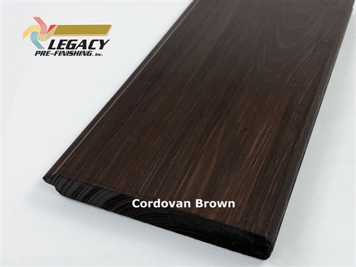 Cypress Tongue And Groove V-Joint board with a dark brown stain called Cordovan Brown