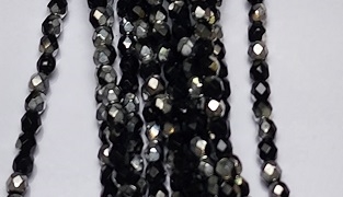 4mm Fire Polish Faceted Round- Jet Metallic Silver