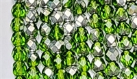 6mm Fire Polish Faceted Round- Lime Green Metallic Silver