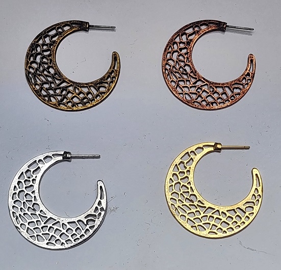 Plated Pewter Earring- Filigree Crescent