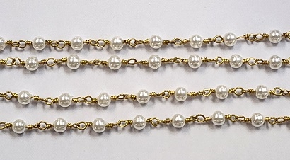 4mm Glass Pearl Rosary Chain- White/Gold