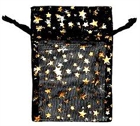 Organza Bags - Star Print - Black with Silver & Gold