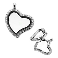 Floating Locket Pendant - Silver Plate Tilted Heart with Stones