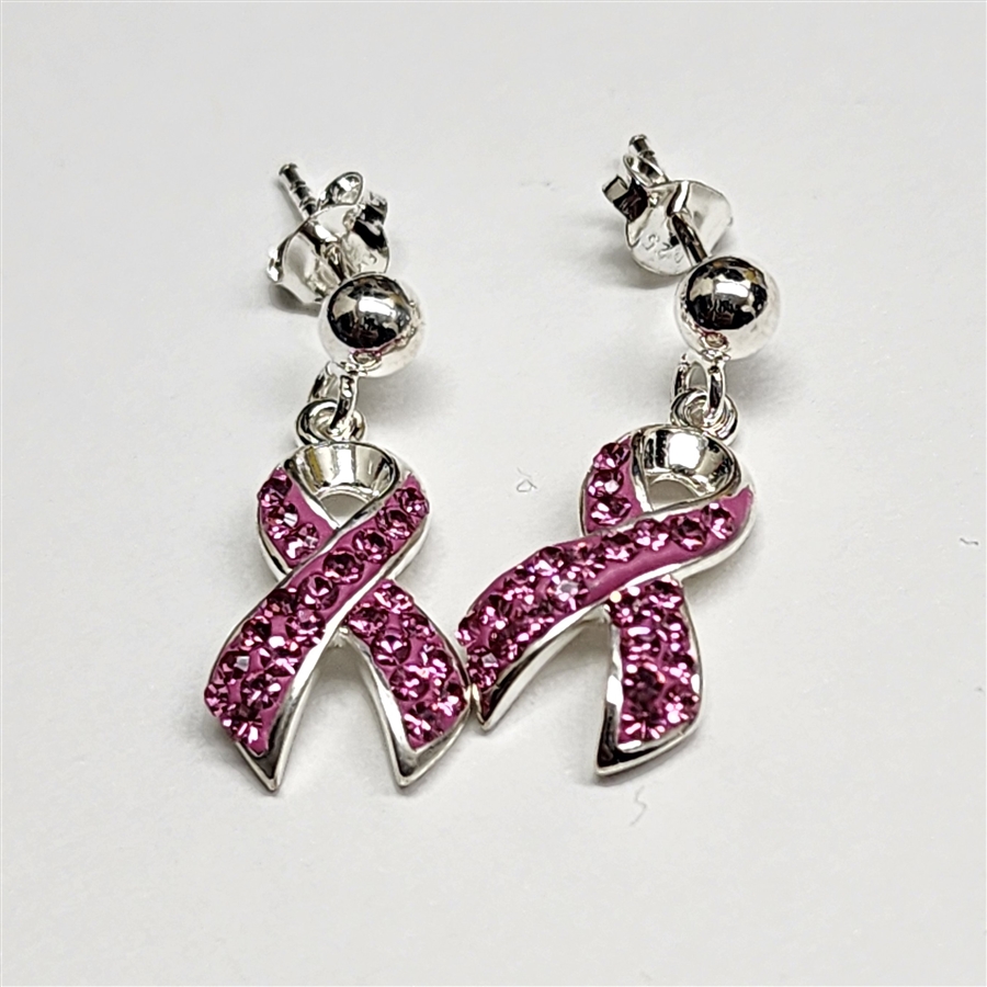 Sterling Silver Ball Post with Loop & Rhinestone Breast Cancer Ribbon