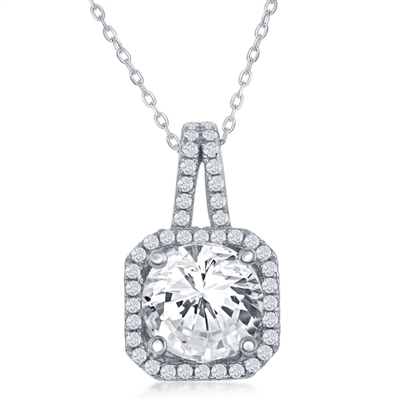 Sterling Silver Square with Large CZ Center & CZ Border Pendant
