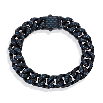 Stainless Steel Carbon Fiber Heavy Cuban Bracelet - Black & Blue