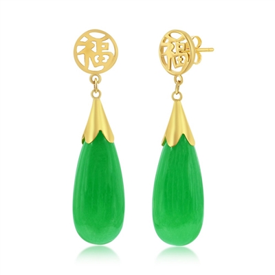14K Yellow Gold, Teardrop 'Good Luck' Jade Dangle Earrings