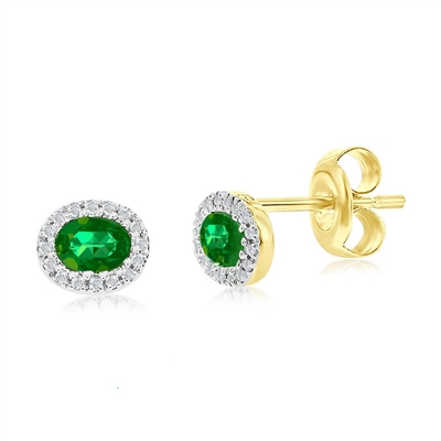 14K Yellow Gold, 4x3mm Oval Emerald (0.35ct) & Diamond Studs - (32 Stones)