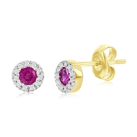 14K Yellow Gold, 3mm Round Ruby (0.32ct) & Diamond Studs - (22 Stones)