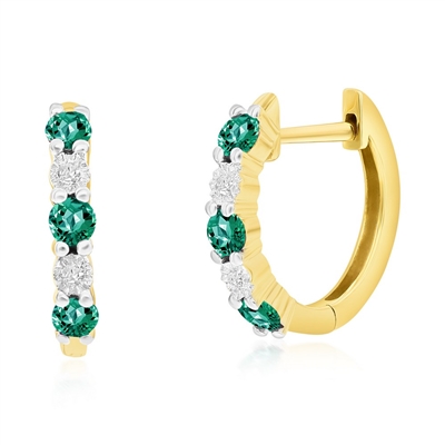 14K Yellow Gold, Round 0.34ct Emerald, Diamond Hoop Earrings - (10 Stones)