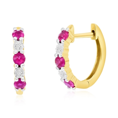 14K Yellow Gold, Round 0.34ct Emerald, Diamond Hoop Earrings - (10 Stones)
