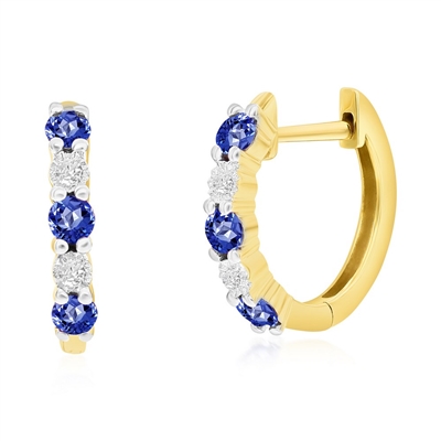 14K Yellow Gold, Round 0.34ct Sapphire, Diamond Hoop Earrings - (10 Stones)