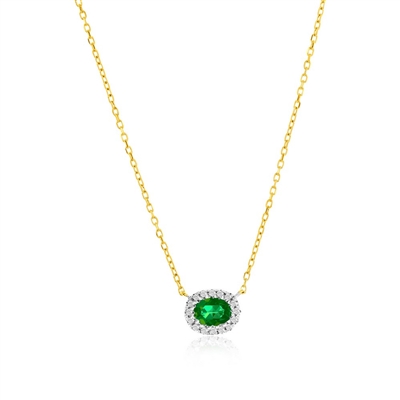 14K Yellow Gold, 4x3 Oval Emerald (0.18ct) & Diamond Necklace - (16 Stones)
