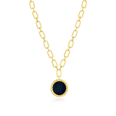 14K Yellow Gold, Round Onyx Paperclip Necklace