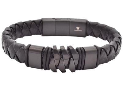Mens Genuine Black Leather Black Stainless Steel Bracelet