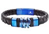 Mens Genuine Black Leather Blue Stainless Steel Bracelet