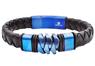 Mens Genuine Black Leather Blue Stainless Steel Bracelet