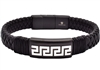 Blackjack Men's Bracelet Greek Key Black Leather & SS