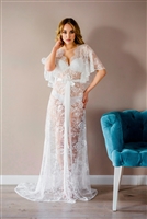 Lace robe with train and flared sleeves