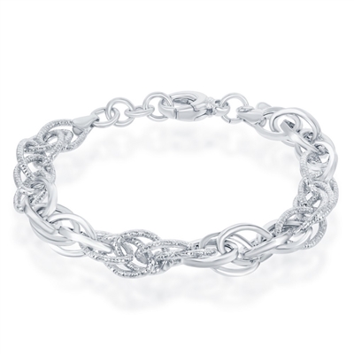 Sterling Silver Alternating Polished & Diamond-Cut Oval Linked Bracelet