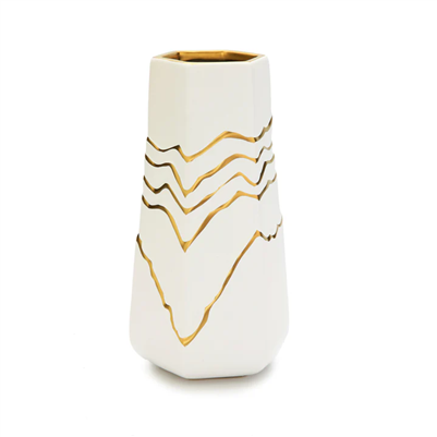 White-Gold Striped Design Bud Vase 10"H