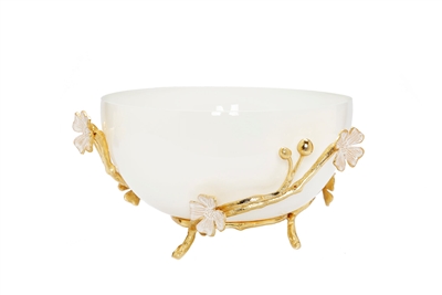 White Glass Bowl with Gold Flower Detail