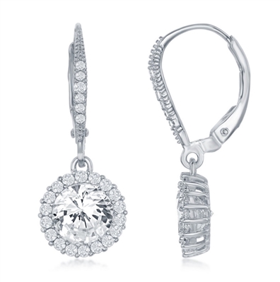 Sterling Silver Large CZ surrounded by Smaller CZs Dangling Earrings