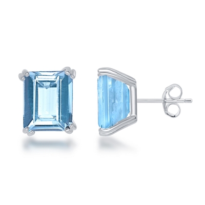 Sterling Silver Rectangle Prong Set Gem Stud Earrings - Blue Topaz