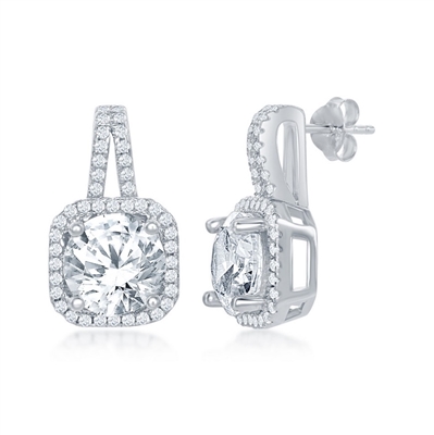 Sterling Silver Square with Center Four-Prong Round CZ Earrings