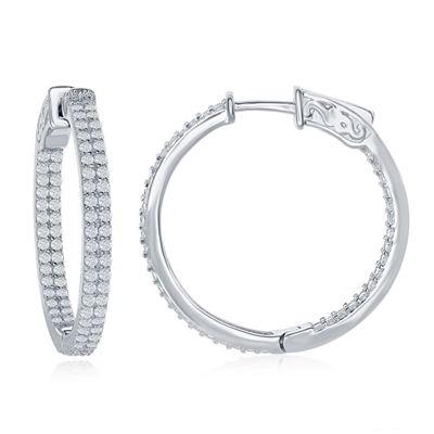 Sterling Silver 3x30mm Inside-Outside Double Row CZ Hoop Earrings