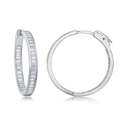 Sterling Silver 4x30mm Inside-Outside Baguette CZ Earrings