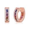 Sterling Silver Rose Gold Plated Baguette Rainbow CZ Small Huggie Hoop Earrings