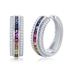 Sterling Silver Half Center Channel Set Rainbow CZ with White CZ Border Hoop Earrings