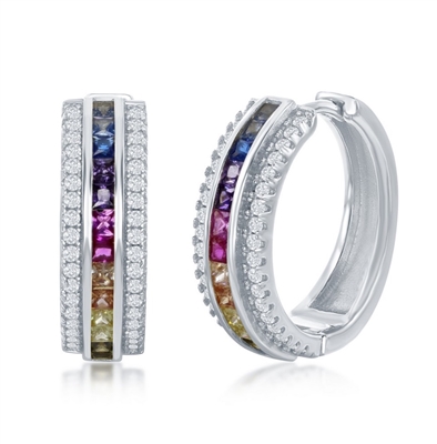 Sterling Silver Half Center Channel Set Rainbow CZ with White CZ Border Hoop Earrings