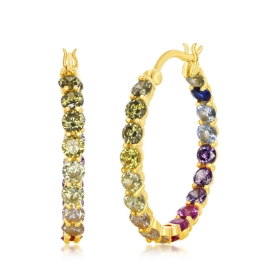 Sterling Silver 3x25mm Inside-Outside Rainbow CZ Hoop Earrings - Gold Plated