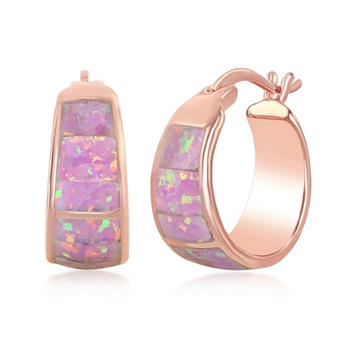 Sterling Silver Rose Gold Plated Pink Opal Wide Squares Small Hoop Earrings