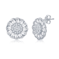 Sterling Silver Micro Pave Center & Baguette CZ Border Flower Design Stud Earrings