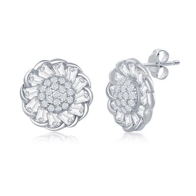 Sterling Silver Micro Pave Center & Baguette CZ Border Flower Design Stud Earrings