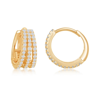 Sterling Silver Triple Row CZ Small Hoop Earrings - Gold Plated