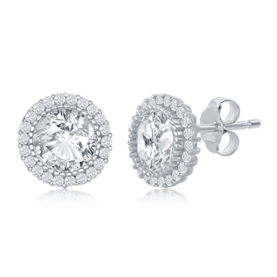 Sterling Silver 10mm Round CZ with Halo Stud Earrings