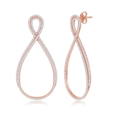 Sterling Silver Rose Gold Open Pearshaped Infinity Design Micro Pave Earrings