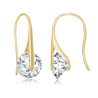 Sterling Silver Spining Round CZ Frenchwire Earrings - Gold Plated