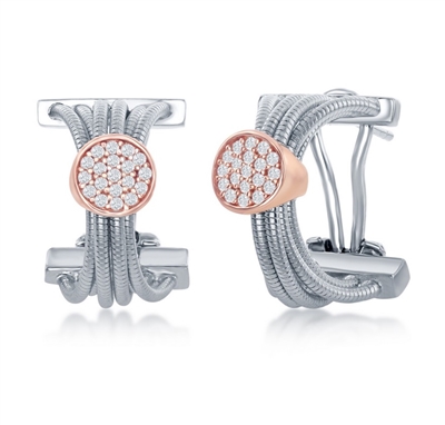 Sterling Silver Designer Earrings, Set with CZ, Bonded with 14K Rose Gold, MADE IN ITALY