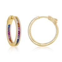 Sterling Silver Center Rainbow Channel-Set and White CZ Border Hoop Earrings - Gold Plated