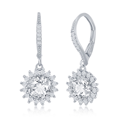 Sterling Silver Round Halo Flower CZ Dangling Earrings